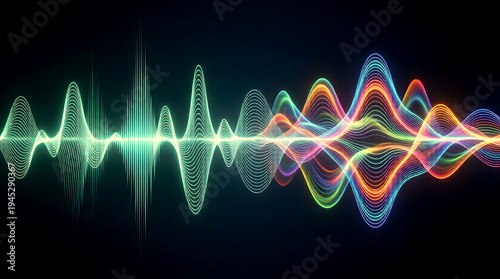 Generative AI Music Visualization with Sound Waves Transforming into Luminous Visual Patterns Morphing from Teal Frequency Waves to Colorful Abstract Shapes Across Dark Background