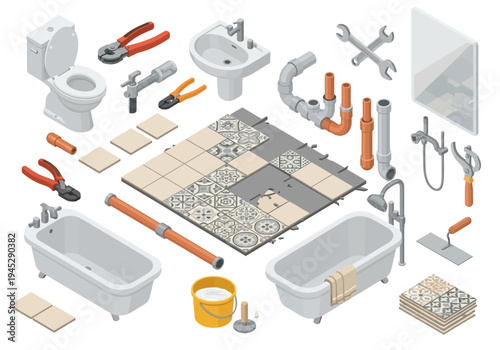 Plumbing and Bathroom Renovation Tools and Fixtures Isometric Illustration