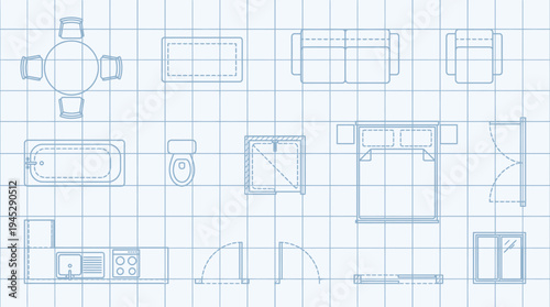 Architectural floor plan symbols set with furniture and fixtures including table, sofa, armchair, bath, toilet, bed, kitchen, and shower, drawn in top-down schematic design style.