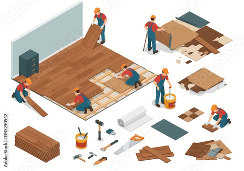 Home renovation project workers installing new flooring and removing old carpet