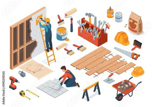 Various renovation and construction tools, materials, and supplies for home improvement projects