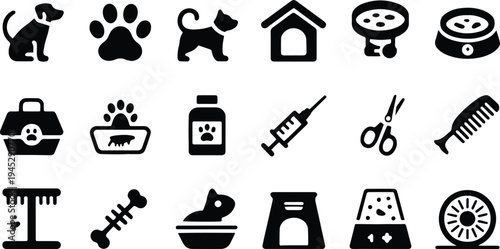 Pets Icons Set. Animal Care, Veterinary Clinic and Pet Grooming Symbols Vector