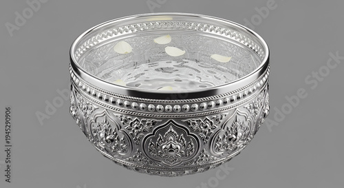 Ornate silver bowl filled with water and floating flower petals, detailed craftsmanship