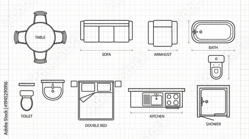Architectural floor plan symbols set with furniture and fixtures including table, sofa, armchair, bath, toilet, bed, kitchen, and shower, drawn in top-down schematic design style.