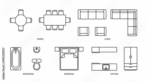 Architectural floor plan symbols set with furniture and fixtures including table, sofa, armchair, bath, toilet, bed, kitchen, and shower, drawn in top-down schematic design style.