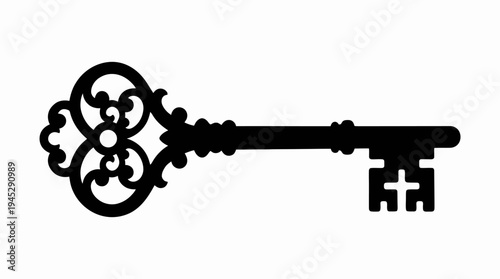 Ornate vintage key silhouette with decorative scrollwork bow and traditional shaft, symbolizing mystery, secrets, history, and unlocking potential in elegant antique design.