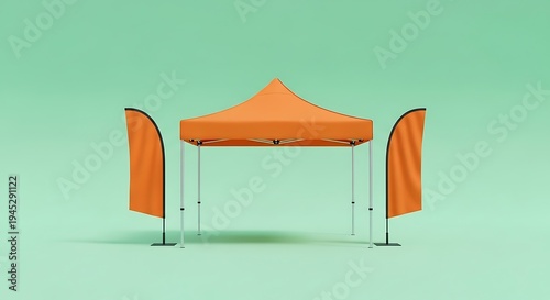 Orange canopy tent with flags set up outdoors on a light green background.