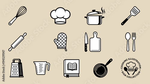 Kitchen and cooking icon set with chef’s hat, utensils, pot, oven, mitt, cookbook, rolling pin, frying pan, colander, uniform, and mixer, stylized in orange, navy, and white design.