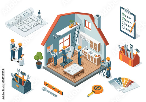 Home renovation and repair isometric illustration with tools and blueprints for construction and improvement projects