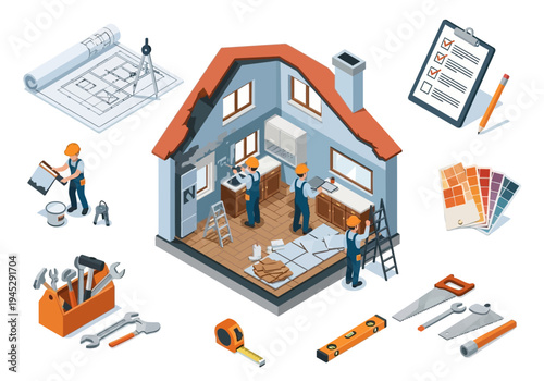 Home renovation and construction illustration with tools and blueprints