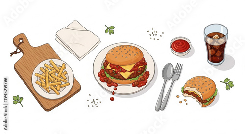 Sloppy Joe Sandwich with Fries Cozy Comfort Food Meal Vector Illustration