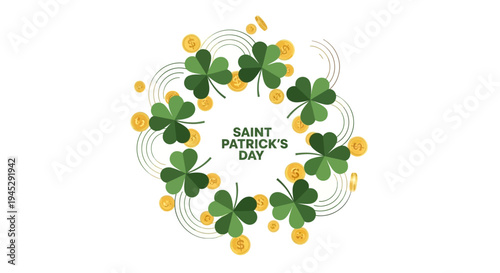 Saint Patrick's Day vector illustration featuring a wreath of green clover leaves and yellow coins on a white background with a business greeting symbol
