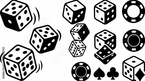 Casino gambling icons with dice, poker chips, and card suits, stylized in black and white, symbolizing gaming, probability, chance, and entertainment in minimal illustrative design.
