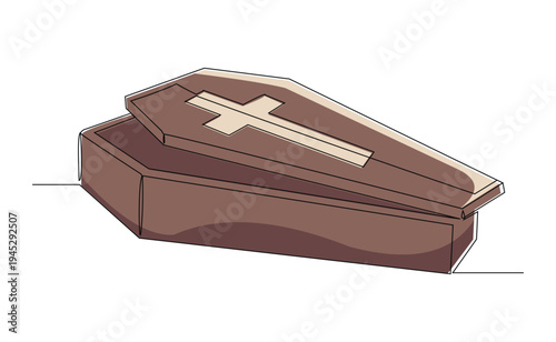 Continuous line of wooden coffin horror funeral graveyard halloween concept one single line editable stroke vector illustration