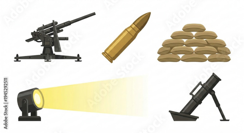 Collection of military and security equipment including a machine gun, bullet, sandbags, spotlight, and mortar for defense and tactical operations