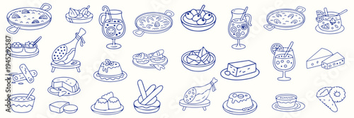 Collection of hand-drawn blue line illustrations depicting a variety of Spanish food items and desserts, perfect for culinary themes.