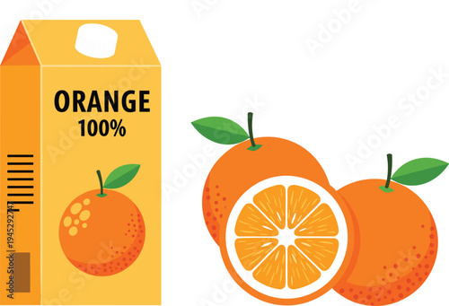 Orange Juice Carton with Fresh Oranges and Sliced Fruit for Juice Packaging and Fruit Beverage Designs