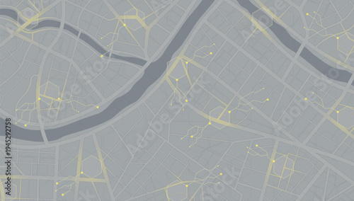 Dark grey city map with yellow network connections. Vector illustration.
