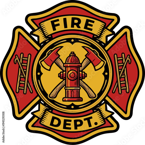 Vintage Fire Department Badge Vector Illustration with Hydrant, Axes, and Ladder