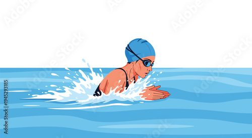 A female swimmer in a blue cap performs breaststroke, splashing in blue water.