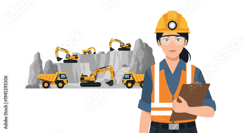 A female mining engineer with a clipboard stands before multiple excavators and dump trucks.