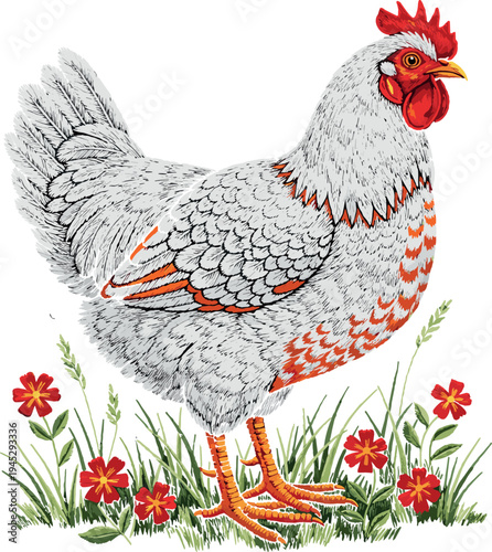 Hand Drawn Hen with Floral Grass Vector Illustration Farm Chicken Artwork in Vintage Engraving Style