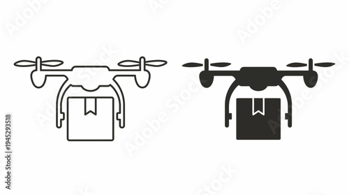 Drone delivery icons with four rotors carrying packages, outlined and filled styles, symbolizing modern logistics, transportation, and futuristic technology in minimal black and white design.
