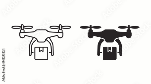 Drone delivery icons with four rotors carrying packages, outlined and filled styles, symbolizing modern logistics, transportation, and futuristic technology in minimal black and white design.
