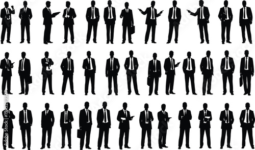 Silhouette business men in formal suits, standing, gesturing, pointing, holding briefcases, reading documents, representing corporate teamwork, leadership, communication, and professionalism