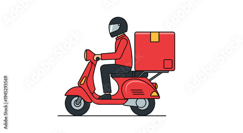 A delivery person in a red uniform rides a red scooter with a large delivery box.