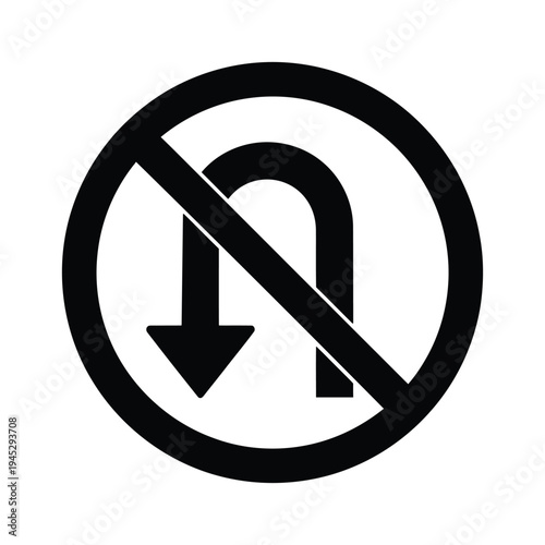 Black and white 'No U-Turn' road sign icon, indicating a prohibited maneuver for vehicles, isolated on a white background.