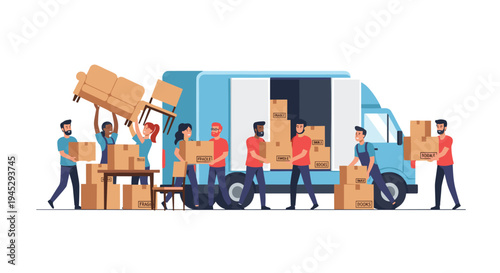 A diverse group of ten people loads furniture and boxes into a blue truck.