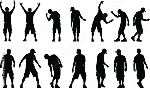 Silhouette dance poses of a person in casual clothing, showing dynamic movement, expressive gestures, rhythm, choreography, performance, and artistic body language