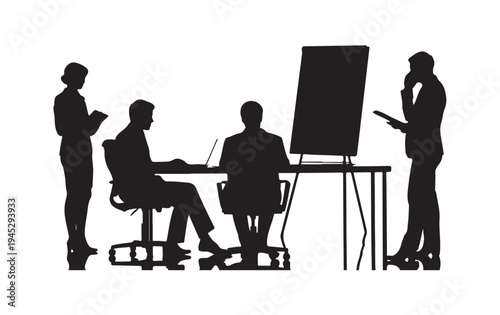 Business team silhouettes working in office around desk with presentation flipchart and computer