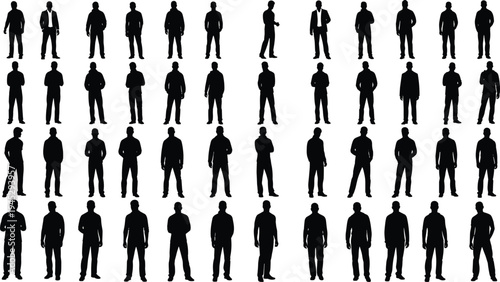 Silhouette grid of diverse people standing in rows and columns, representing teamwork, community, business, collaboration, posture variations, and social dynamics