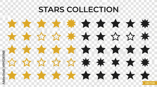 Stylized star icon collection with gold, black, and white designs, featuring filled, outlined, and decorative sparkles for ratings, UI, and digital graphics on transparent backgrounds.