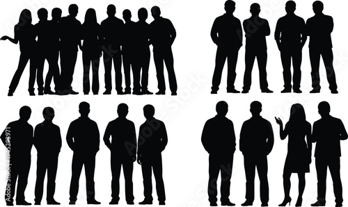 Silhouette groups of people in different formations, standing together in various team sizes, representing teamwork, collaboration, unity, diversity, and social dynamics
