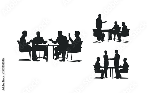 Business meeting silhouettes group sitting at table and people shaking hands in office setting