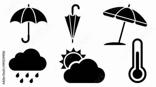 Minimal umbrella and weather vector icons set, showcasing rain, sun, thermometer, and cloud designs for meteorology, climate graphics, and modern user interface applications.