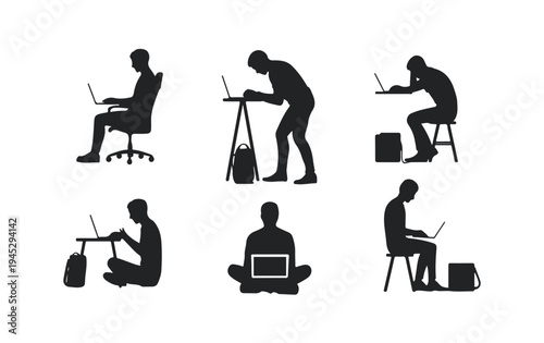 Silhouette of people working on laptops in different postures and ergonomic positions illustration