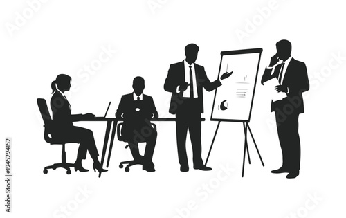 Professional business presentation in office with silhouettes of coworkers analyzing chart data set