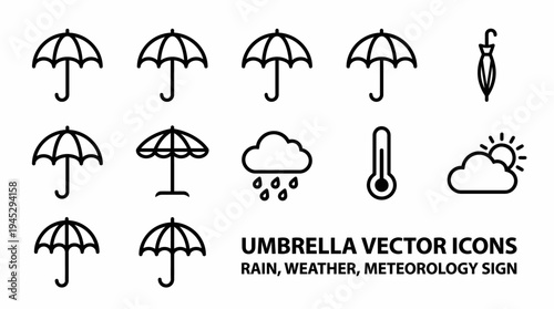 Minimal umbrella and weather vector icons set, showcasing rain, sun, thermometer, and cloud designs for meteorology, climate graphics, and modern user interface applications.