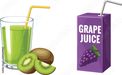 Kiwi Juice Glass and Grape Juice Carton with Fresh Fruits for Refreshing Beverage Illustrations
