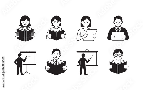 People reading books and presenting information teaching education and learning concepts