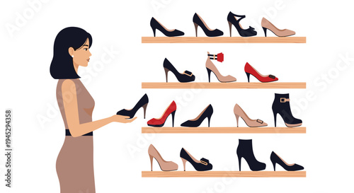 A woman in a beige dress chooses high-heeled shoes from a display.