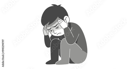 A young boy is sitting on the floor, holding his head with both hands, depicting stress or a headache in a grayscale illustration.