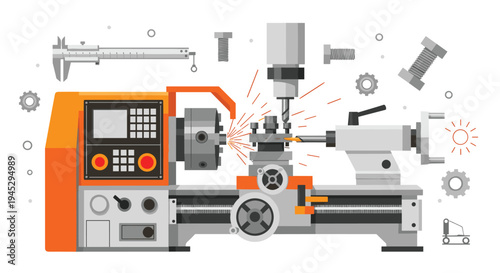 A detailed orange and grey CNC lathe machine is actively machining a metal workpiece, generating bright sparks, surrounded by various industrial tools.