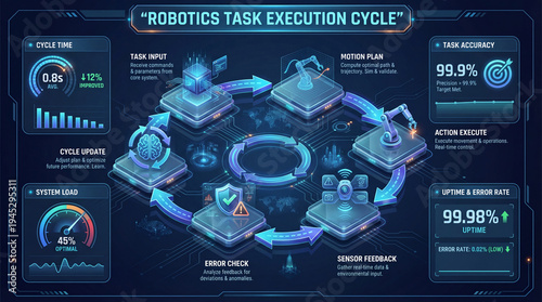 Wallpaper Mural Robotics Task Execution Cycle Futuristic 3D Infographic Poster for Industrial Automation and Control Workflow. Torontodigital.ca