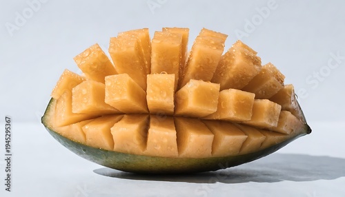 Fresh Ripe Papaya Sliced into Cubes on Minimalist Gray Background, Healthy Tropical Fruit Snack, Top View Closeup