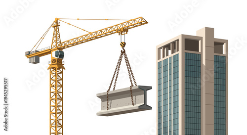 A yellow tower crane lifts a concrete I-beam next to a modern building on a white background.